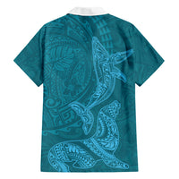 Hawaiian Monk Seal and Whale Family Matching Tank Maxi Dress and Hawaiian Shirt Kakau Tribal Pattern Teal Color LT03 - Polynesian Pride