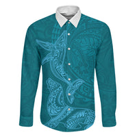 Hawaiian Monk Seal and Whale Family Matching Tank Maxi Dress and Hawaiian Shirt Kakau Tribal Pattern Teal Color LT03 Dad's Shirt - Long Sleeve Teal - Polynesian Pride