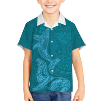 Hawaiian Monk Seal and Whale Family Matching Tank Maxi Dress and Hawaiian Shirt Kakau Tribal Pattern Teal Color LT03 Son's Shirt Teal - Polynesian Pride
