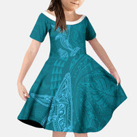 Hawaiian Monk Seal and Whale Kid Short Sleeve Dress Kakau Tribal Pattern Teal Color LT03 KID Teal - Polynesian Pride