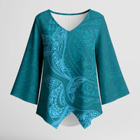 Hawaiian Monk Seal and Whale Kimono Sleeve Blouse Kakau Tribal Pattern Teal Color