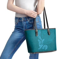 Hawaiian Monk Seal and Whale Leather Tote Bag Kakau Tribal Pattern Teal Color