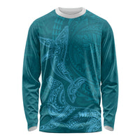 Hawaiian Monk Seal and Whale Long Sleeve Shirt Kakau Tribal Pattern Teal Color