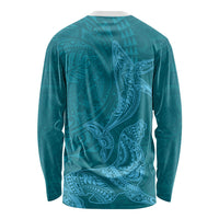 Hawaiian Monk Seal and Whale Long Sleeve Shirt Kakau Tribal Pattern Teal Color