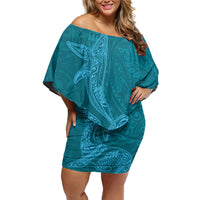 Hawaiian Monk Seal and Whale Off Shoulder Short Dress Kakau Tribal Pattern Teal Color LT03 Women Teal - Polynesian Pride