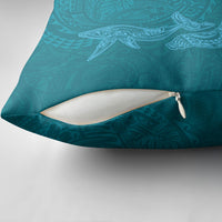 Hawaiian Monk Seal and Whale Pillow Cover Kakau Tribal Pattern Teal Color