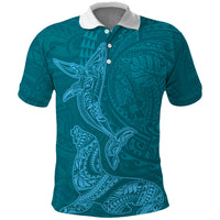 Hawaiian Monk Seal and Whale Polo Shirt Kakau Tribal Pattern Teal Color