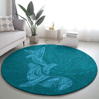 Hawaiian Monk Seal and Whale Round Carpet Kakau Tribal Pattern Teal Color LT03 - Polynesian Pride