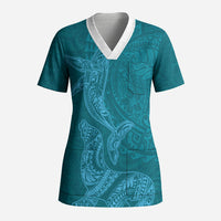 Hawaiian Monk Seal and Whale Scrub Top Kakau Tribal Pattern Teal Color
