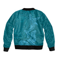 Hawaiian Monk Seal and Whale Sleeve Zip Bomber Jacket Kakau Tribal Pattern Teal Color