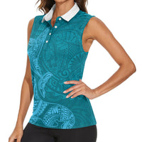 Hawaiian Monk Seal and Whale Women Sleeveless Polo Shirt Kakau Tribal Pattern Teal Color