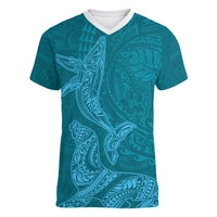 Hawaiian Monk Seal and Whale Women V-Neck T-Shirt Kakau Tribal Pattern Teal Color