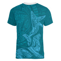 Hawaiian Monk Seal and Whale Women V-Neck T-Shirt Kakau Tribal Pattern Teal Color