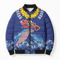 Hawaiian Sea Animals Bomber Puffer Jacket Whales Shark and Turtle Guardians with Tribal Pattern LT03 Unisex Blue - Polynesian Pride