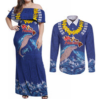Hawaiian Sea Animals Couples Matching Off Shoulder Maxi Dress and Long Sleeve Button Shirt Whales Shark and Turtle Guardians with Tribal Pattern