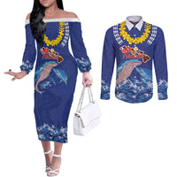 Hawaiian Sea Animals Couples Matching Off The Shoulder Long Sleeve Dress and Long Sleeve Button Shirt Whales Shark and Turtle Guardians with Tribal Pattern