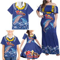 Hawaiian Sea Animals Family Matching Off Shoulder Maxi Dress and Hawaiian Shirt Whales Shark and Turtle Guardians with Tribal Pattern