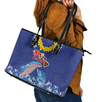 Hawaiian Sea Animals Leather Tote Bag Whales Shark and Turtle Guardians with Tribal Pattern