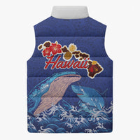 Hawaiian Sea Animals Sleeveless Puffer Jacket Whales Shark and Turtle Guardians with Tribal Pattern
