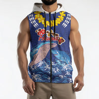Hawaiian Sea Animals Sleeveless Zip Hoodie Whales Shark and Turtle Guardians with Tribal Pattern