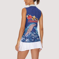 Hawaiian Sea Animals Women Sleeveless Polo Shirt Whales Shark and Turtle Guardians with Tribal Pattern
