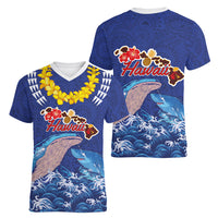 Hawaiian Sea Animals Women V-Neck T-Shirt Whales Shark and Turtle Guardians with Tribal Pattern