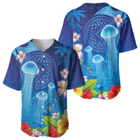 Fiji Jellyfish Baseball Jersey Tapa Patterns and Hibiscus Sea Vibe