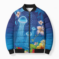 Fiji Jellyfish Bomber Puffer Jacket Tapa Patterns and Hibiscus Sea Vibe