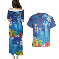 Fiji Jellyfish Couples Matching Puletasi and Hawaiian Shirt Tapa Patterns and Hibiscus Sea Vibe