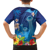 Fiji Jellyfish Family Matching Long Sleeve Bodycon Dress and Hawaiian Shirt Tapa Patterns and Hibiscus Sea Vibe