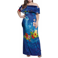 Fiji Jellyfish Family Matching Off Shoulder Maxi Dress and Hawaiian Shirt Tapa Patterns and Hibiscus Sea Vibe