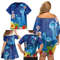 Fiji Jellyfish Family Matching Off Shoulder Short Dress and Hawaiian Shirt Tapa Patterns and Hibiscus Sea Vibe