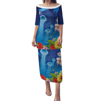 Fiji Jellyfish Family Matching Puletasi and Hawaiian Shirt Tapa Patterns and Hibiscus Sea Vibe