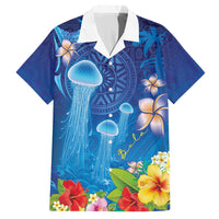Fiji Jellyfish Hawaiian Shirt Tapa Patterns and Hibiscus Sea Vibe LT03 Blue - Polynesian Pride