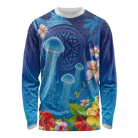 Fiji Jellyfish Long Sleeve Shirt Tapa Patterns and Hibiscus Sea Vibe LT03 Unisex Blue - Polynesian Pride