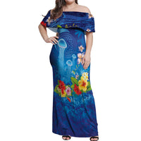 Fiji Jellyfish Off Shoulder Maxi Dress Tapa Patterns and Hibiscus Sea Vibe LT03 Women Blue - Polynesian Pride