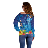 Fiji Jellyfish Off Shoulder Sweater Tapa Patterns and Hibiscus Sea Vibe