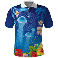 Fiji Jellyfish Polo Shirt Tapa Patterns and Hibiscus Sea Vibe LT03 Blue - Polynesian Pride
