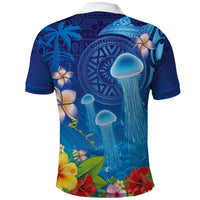 Fiji Jellyfish Polo Shirt Tapa Patterns and Hibiscus Sea Vibe LT03 - Polynesian Pride