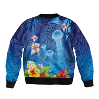 Fiji Jellyfish Sleeve Zip Bomber Jacket Tapa Patterns and Hibiscus Sea Vibe
