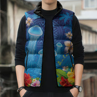 Fiji Jellyfish Sleeveless Puffer Jacket Tapa Patterns and Hibiscus Sea Vibe