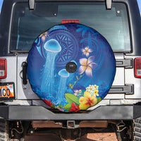 Fiji Jellyfish Spare Tire Cover Tapa Patterns and Hibiscus Sea Vibe