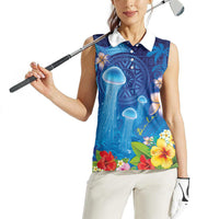Fiji Jellyfish Women Sleeveless Polo Shirt Tapa Patterns and Hibiscus Sea Vibe