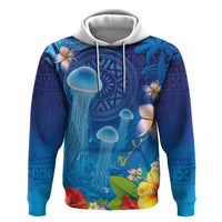 Fiji Jellyfish Zip Hoodie Tapa Patterns and Hibiscus Sea Vibe LT03 Pullover Hoodie Blue - Polynesian Pride
