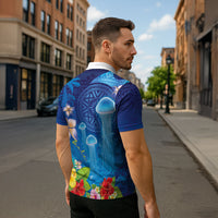 Fiji Jellyfish Zipper Polo Shirt Tapa Patterns and Hibiscus Sea Vibe