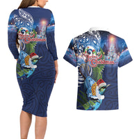 New Zealand Merry Christmas Couples Matching Long Sleeve Bodycon Dress and Hawaiian Shirt Maori Tribal Pattern with Xmas Tui Bird