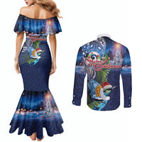 New Zealand Merry Christmas Couples Matching Mermaid Dress and Long Sleeve Button Shirt Maori Tribal Pattern with Xmas Tui Bird