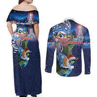 New Zealand Merry Christmas Couples Matching Off Shoulder Maxi Dress and Long Sleeve Button Shirt Maori Tribal Pattern with Xmas Tui Bird LT03 - Polynesian Pride