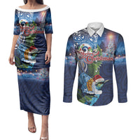 New Zealand Merry Christmas Couples Matching Puletasi and Long Sleeve Button Shirt Maori Tribal Pattern with Xmas Tui Bird LT03 Multicolor - Polynesian Pride