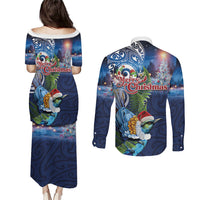 New Zealand Merry Christmas Couples Matching Puletasi and Long Sleeve Button Shirt Maori Tribal Pattern with Xmas Tui Bird LT03 - Polynesian Pride